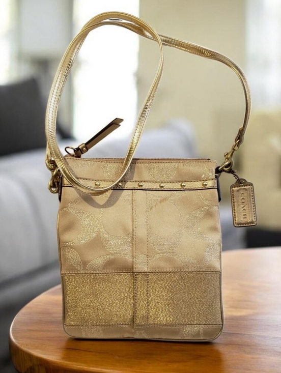 Coach Handbags - Coach Signature Stripe Shimmer Gold Studded Crossbody Purse